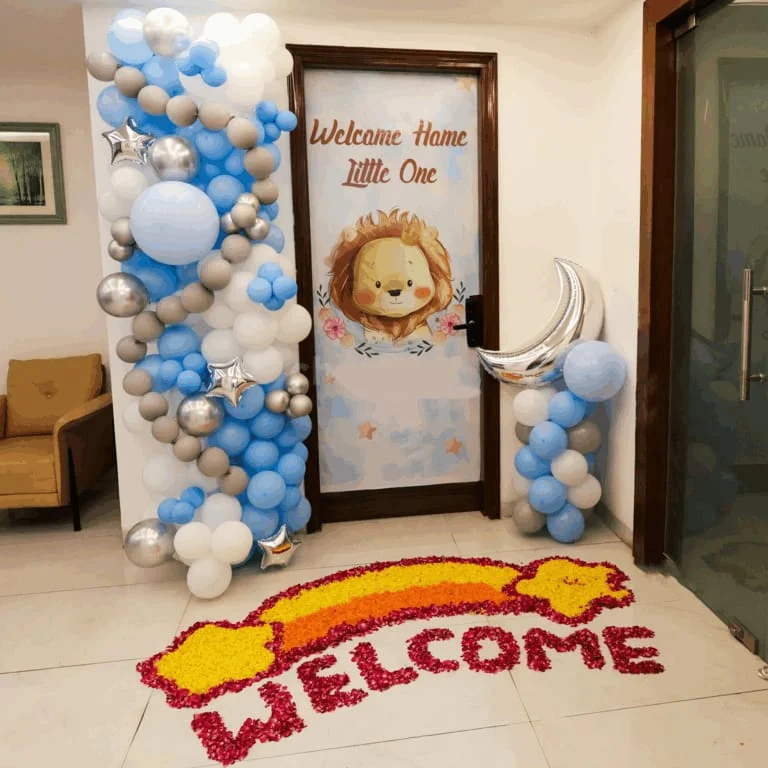 Pastel Blue & Gold Cradle Setup — Baby Welcome & Baby Shower Decor in Lucknow